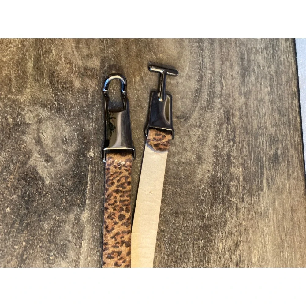 Leopard Print Skinny Belt Gunmetal T-Bar Buckle Faux Hair Animal Print Brown M